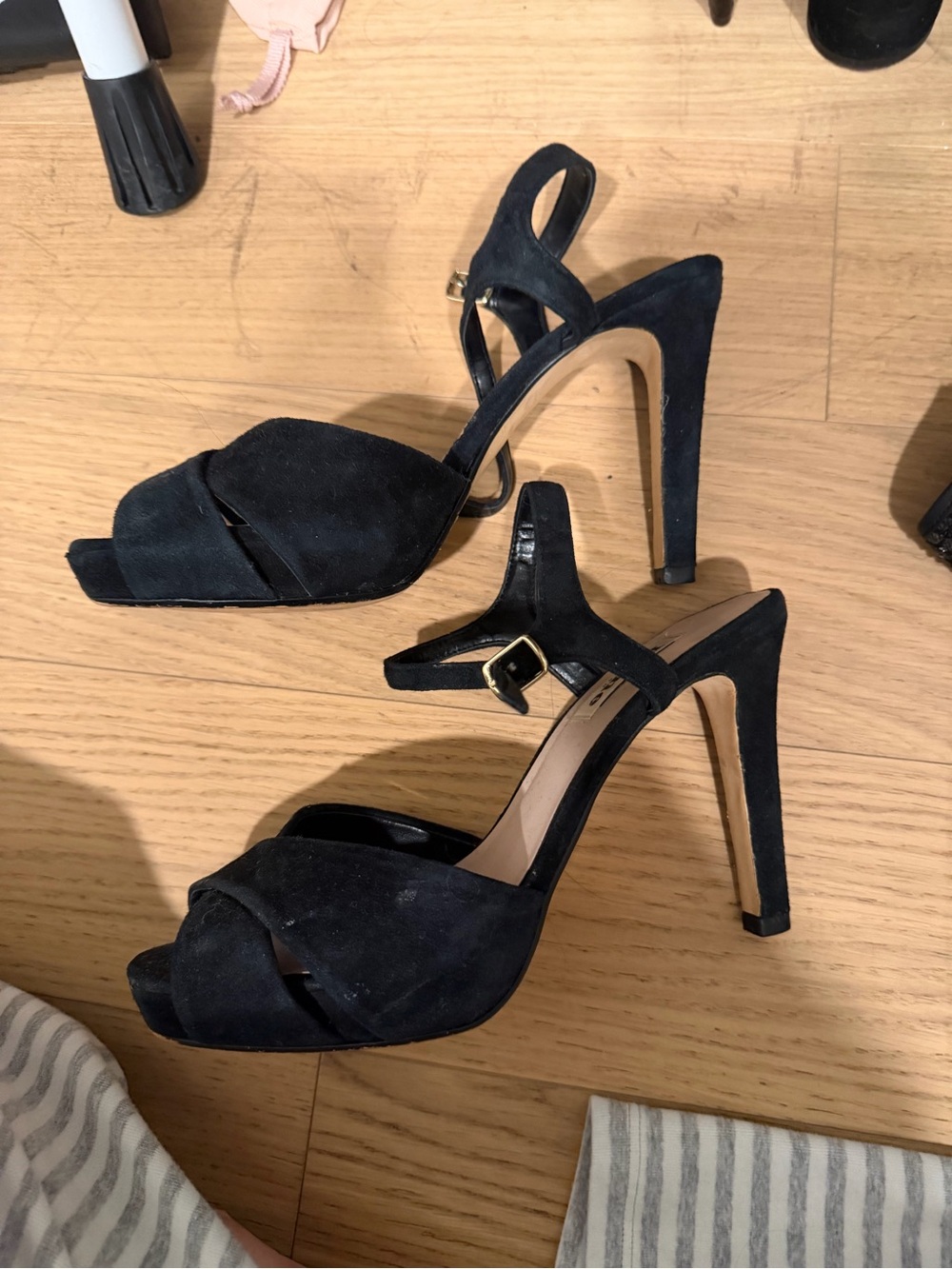 Dune London Black Suede Peep-Toe High Heel Sandals with Ankle Strap
